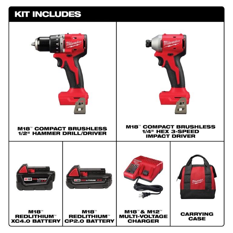 Milwaukee M18 Compact Brushless Hammer Drill Driver & Impact Driver 2-Tool Battery Combo Kit