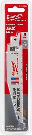 Milwaukee Sawzall Wrecker Multi-Material Blade, 7/11 TPI, 6-In, 5-Pk