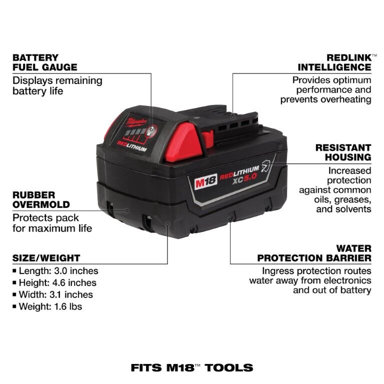 Milwaukee M18 RedLithium XC5.0 Resistant Battery, 5-Ah