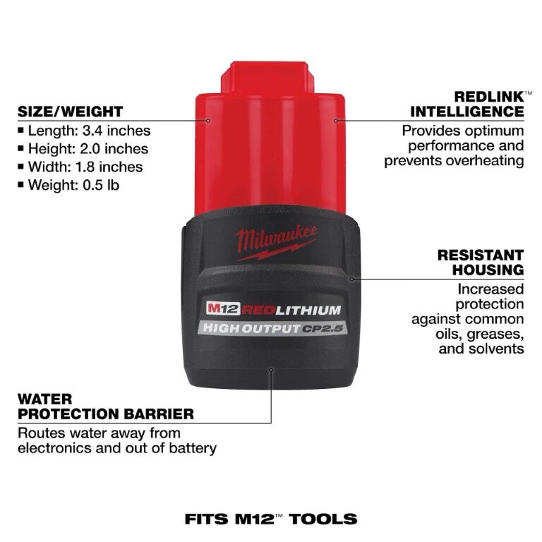Milwaukee M12 RedLithium High Output CP2.5 Battery, 2.5-Ah