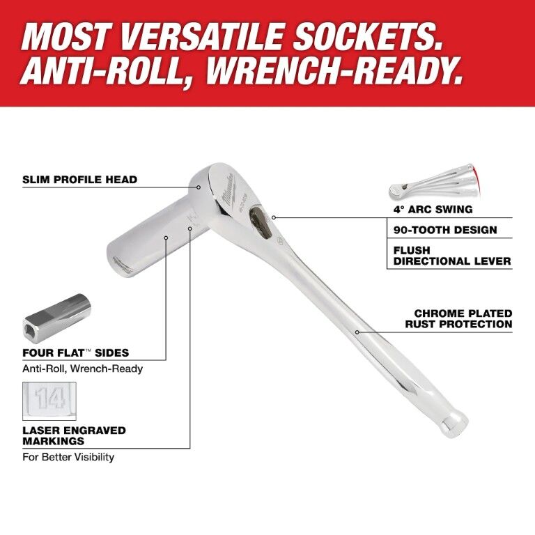 Milwaukee Four Flat Sides SAE & Metric Ratchet & Socket Set, 3/8-In Drive, 56-Pc