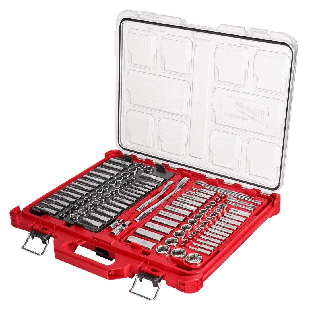 Milwaukee 1/4" & 3/8" Metric & SAE Ratchet & Socket Set with PACKOUT Low-Profile Organizer, 106 pc.