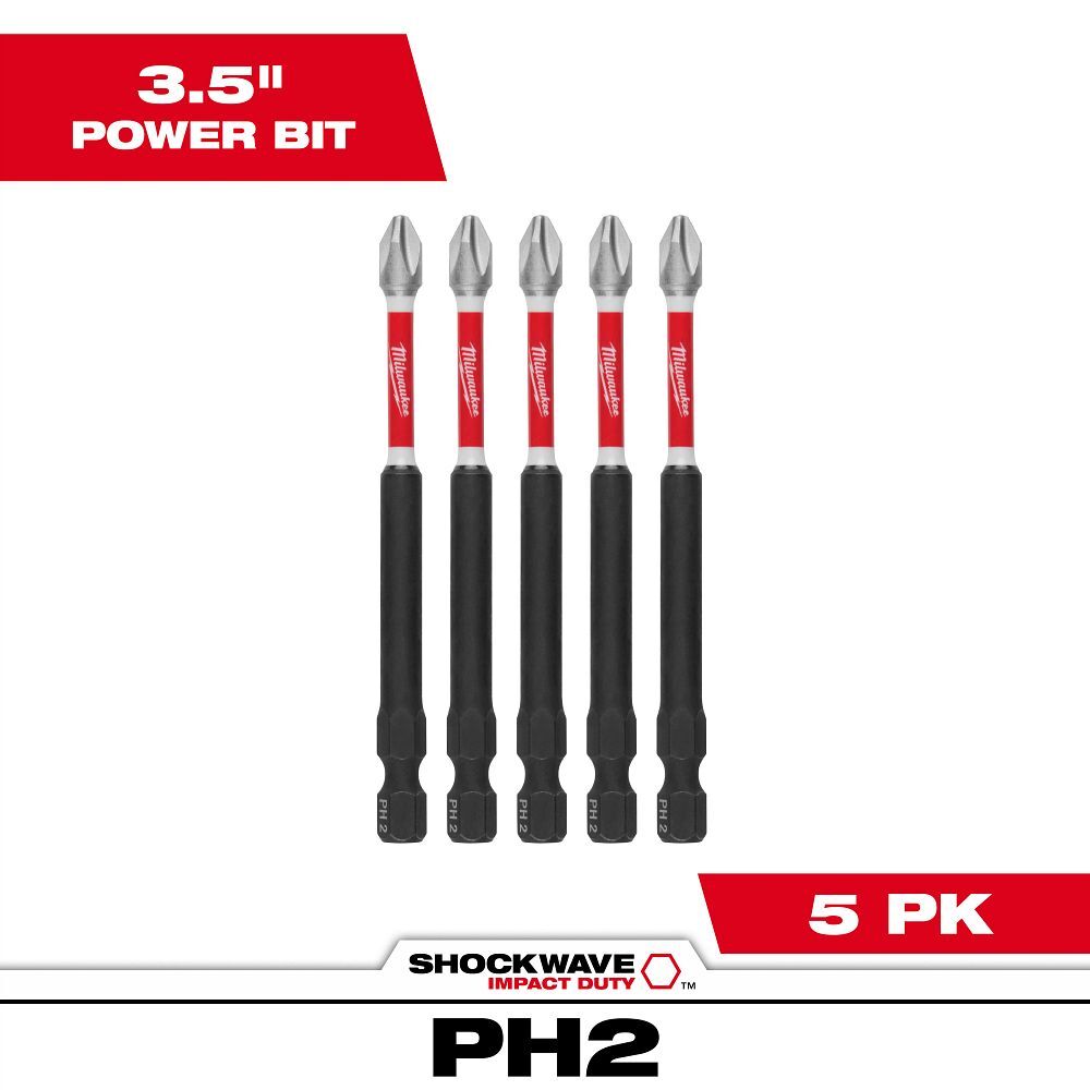 Milwaukee Shockwave Impact #2 Phillips Bit, 3 1/2-In, 5-Pc