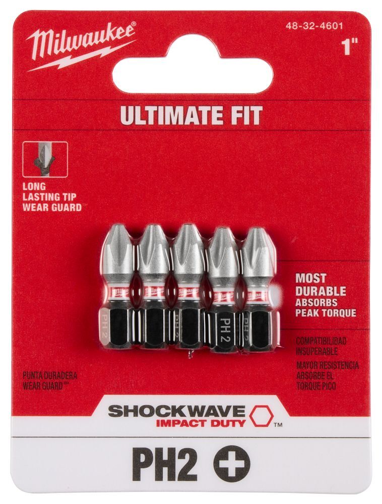Milwaukee Shockwave Impact #2 Phillips Bit, 1-In, 5-Pc