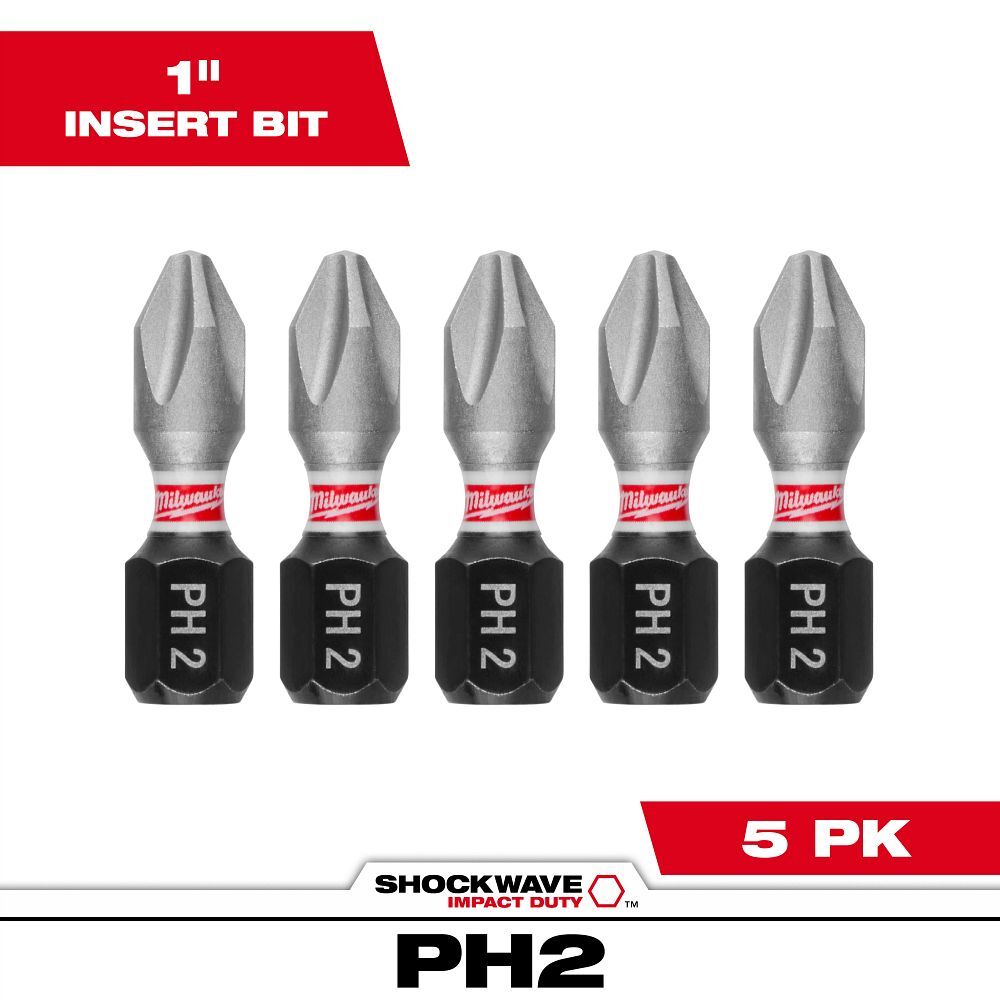 Milwaukee Shockwave Impact #2 Phillips Bit, 1-In, 5-Pc