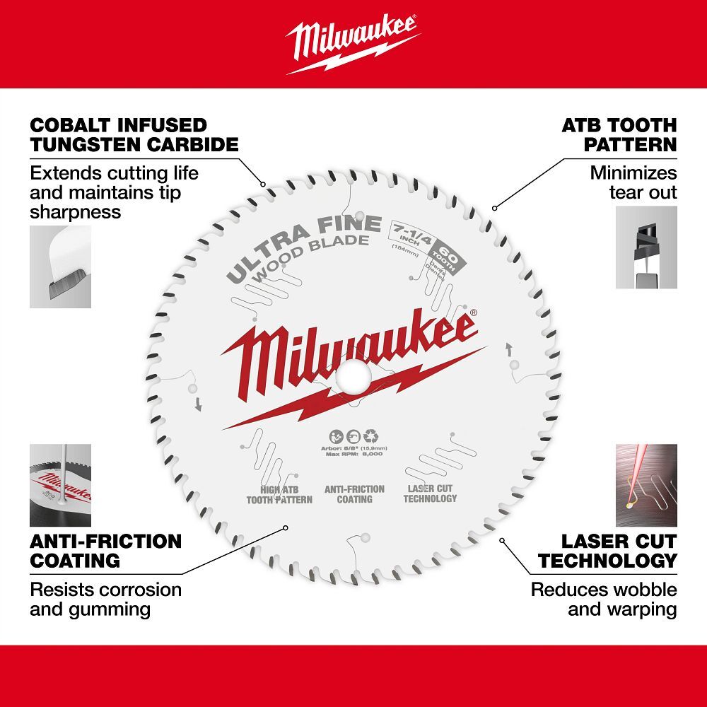 Milwaukee Ultra Fine Finish Circular Saw Blade, 60T, 7 1/4-In