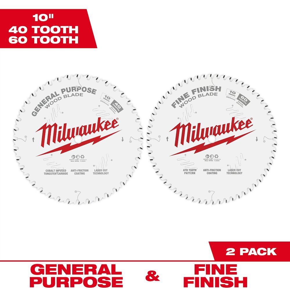 Milwaukee Wood Cutting Circular Saw Blades, 40T & 60T, 10-In, 2-Pk