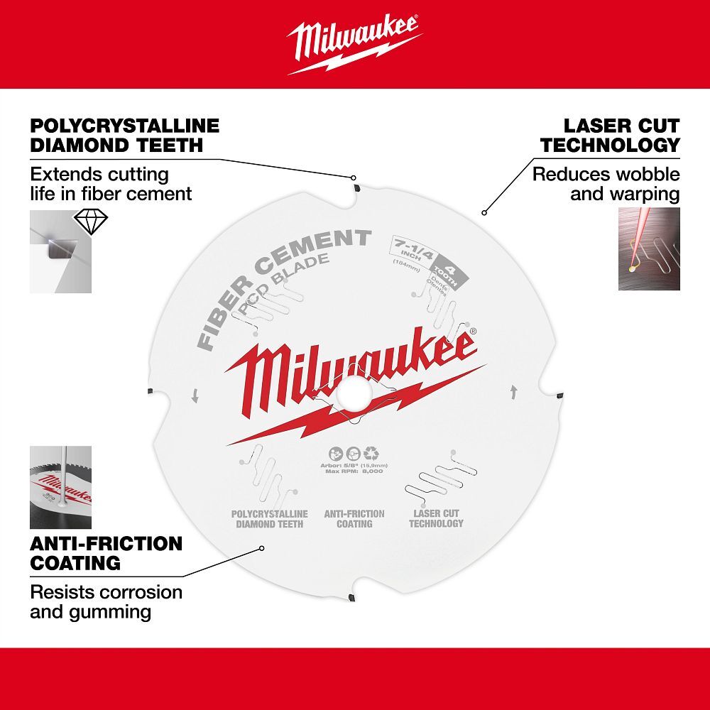 Milwaukee Fiber Cement Circular Saw Blade, 4T, 7 1/4-In