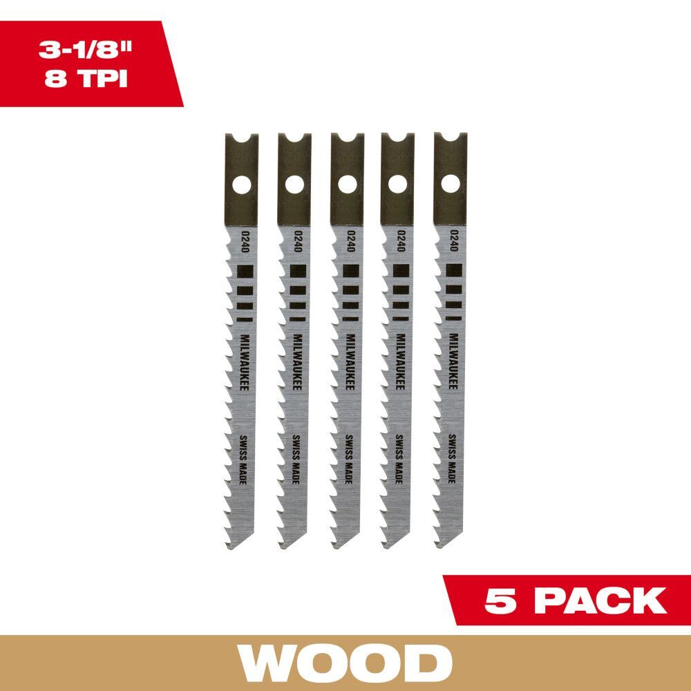 Milwaukee 3-1/8-In 8TPI U-Shank Wood High Carbon Steel Jig Saw Blades, 5-Pk