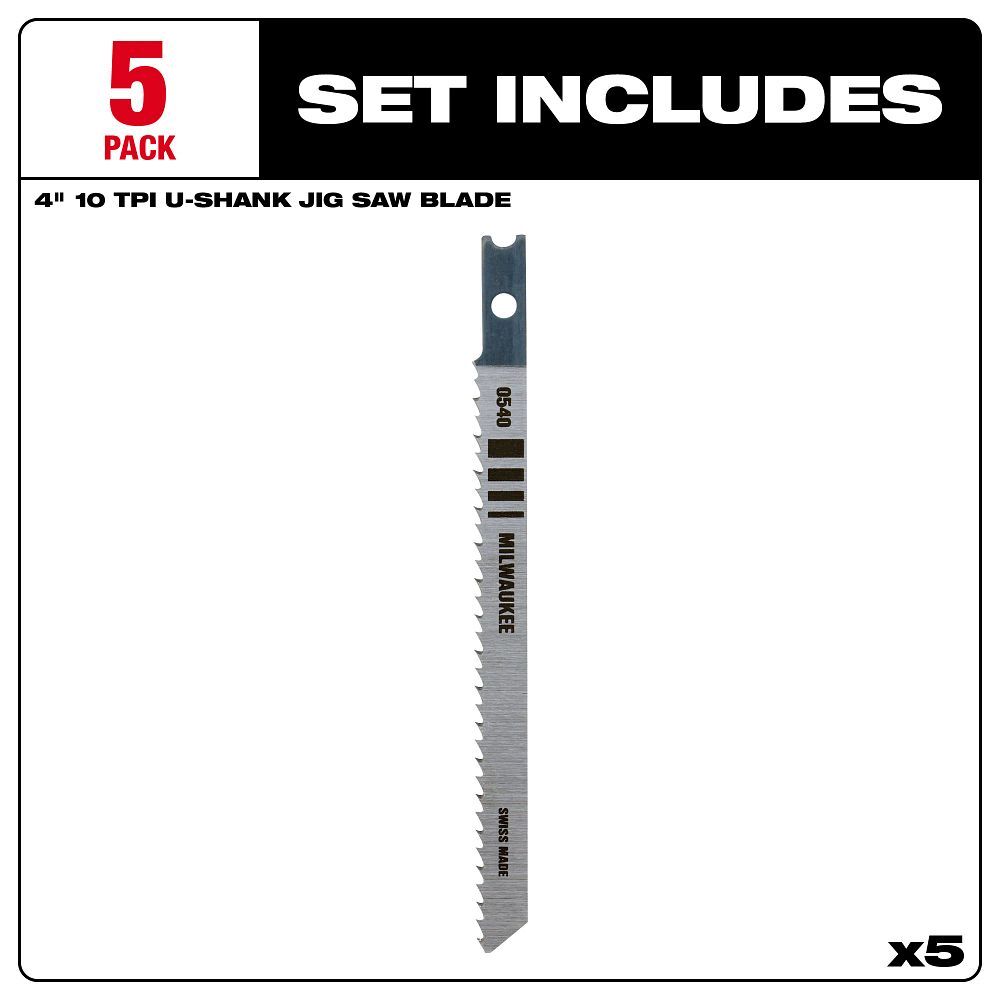 Milwaukee Wood U-Shank Jig Saw Blade, 10 TPI, 3 5/8-In, 5-Pk