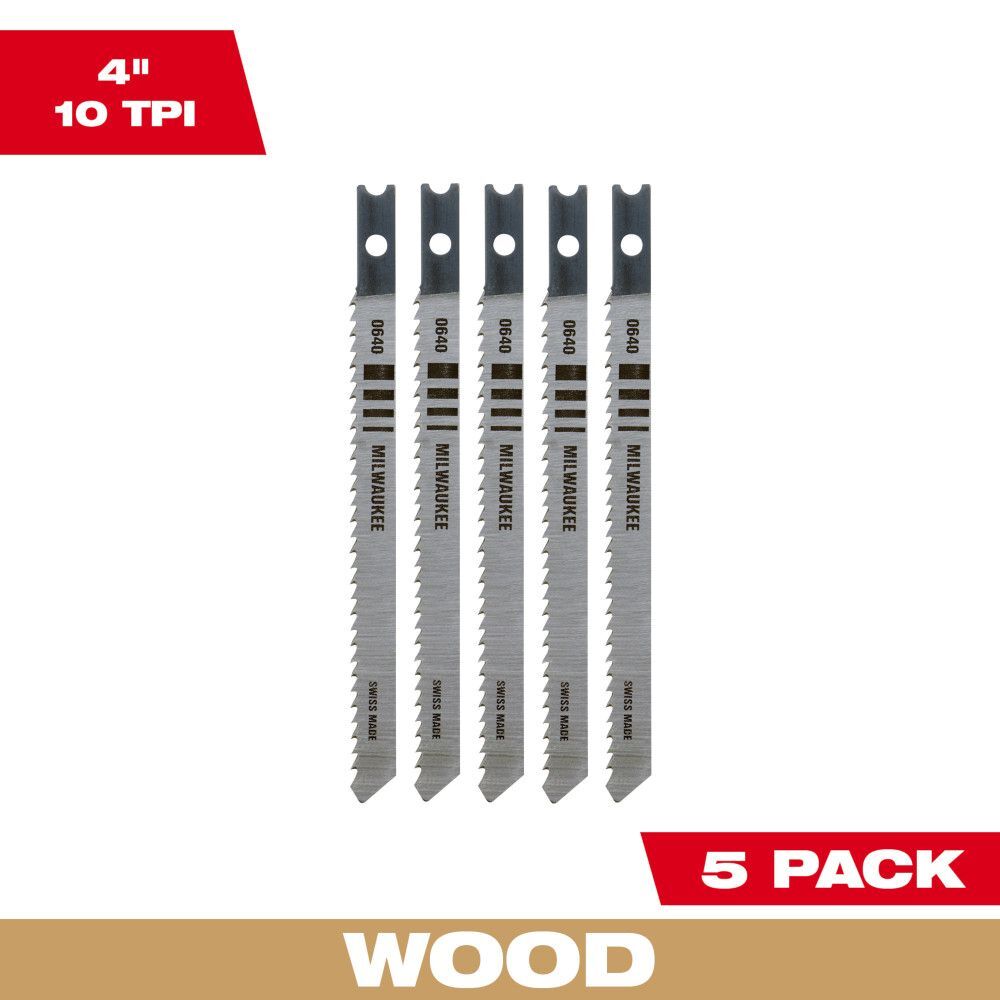 Milwaukee 4-In 10-TPI U-Shank Wood High Carbon Steel Jig Saw Blades, 5-Pk