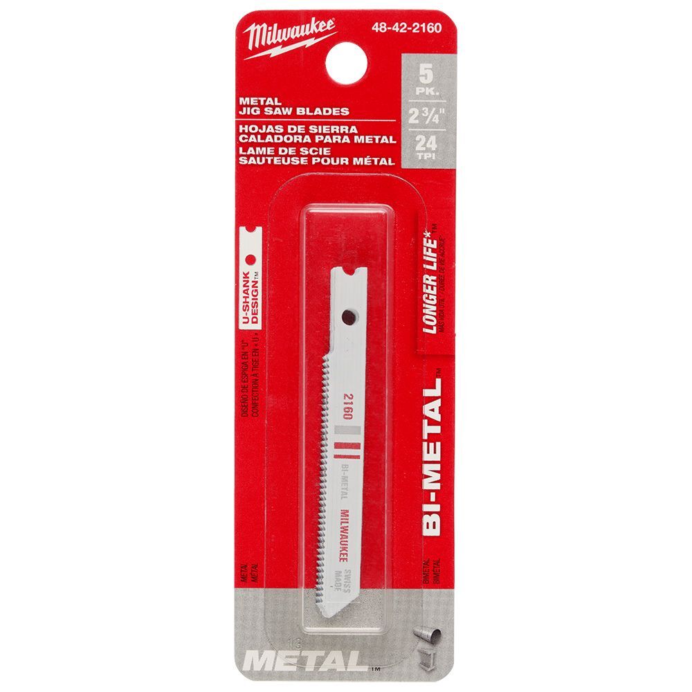 Milwaukee 2-3/4-In 24-TPI U-Shank Metal Cutting Bi-Metal Jig Saw Blades, 5-Pk