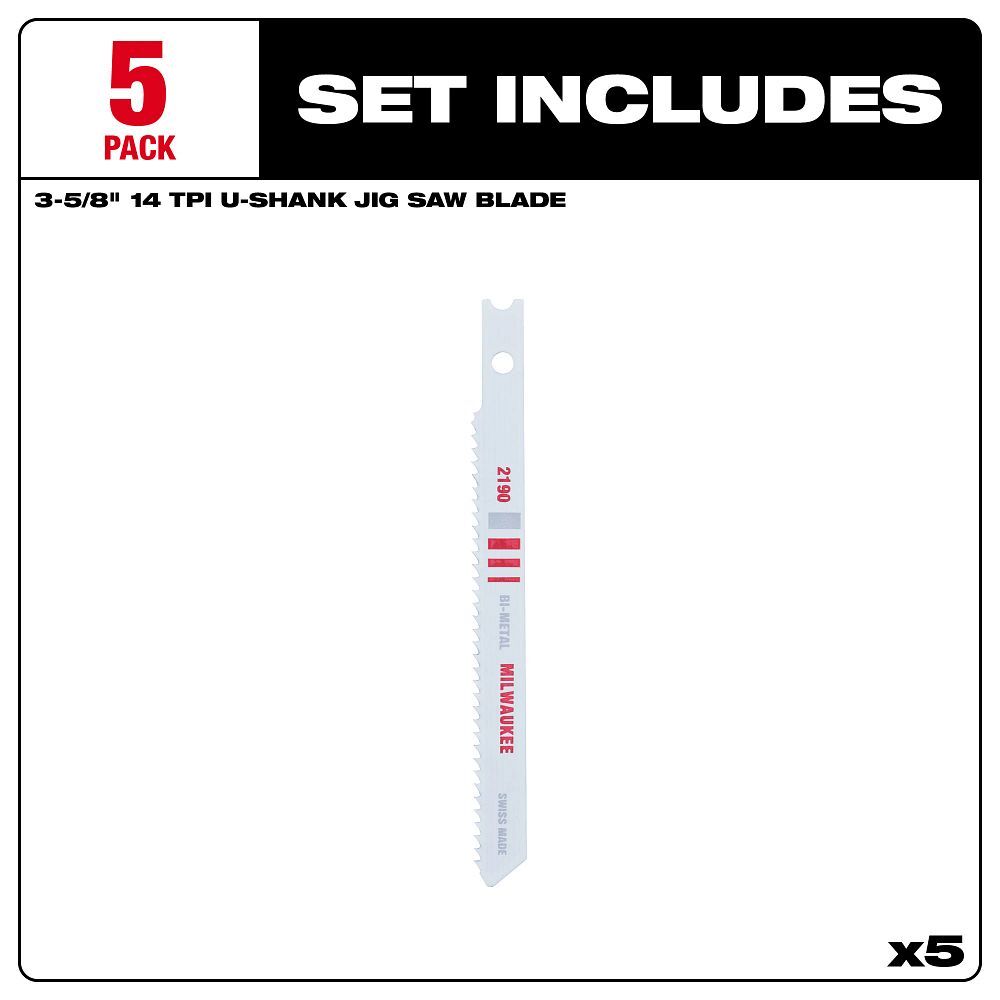 Milwaukee Metal Cutting U-Shank Bi-Metal Jig Saw Blade, 14 TPI, 3 5/8-In, 5-Pk