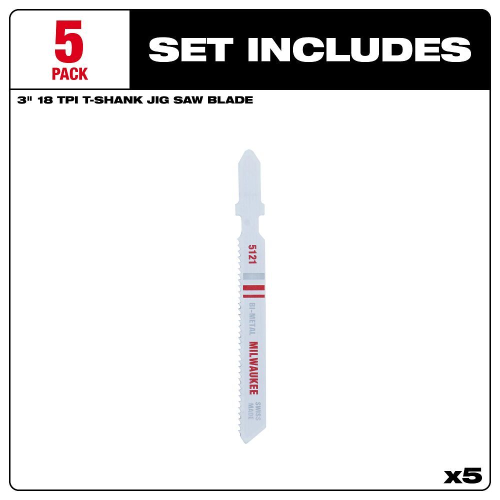 Milwaukee Metal Cutting T-Shank Bi-Metal Jig Saw Blade, 18 TPI, 3-In, 5-Pk