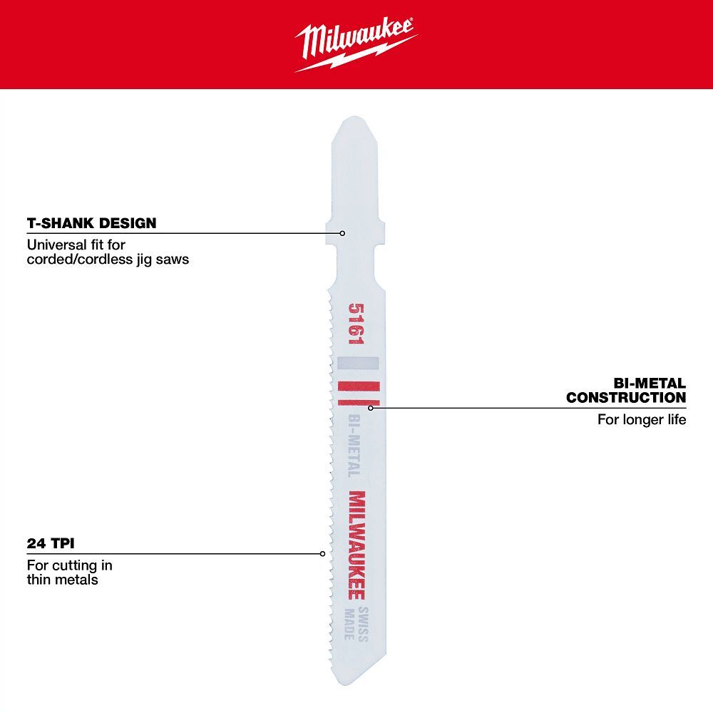 Milwaukee Metal Cutting T-Shank Bi-Metal Jig Saw Blade, 24 TPI, 3-In, 5-Pk