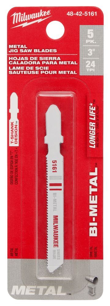 Milwaukee Metal Cutting T-Shank Bi-Metal Jig Saw Blade, 24 TPI, 3-In, 5-Pk