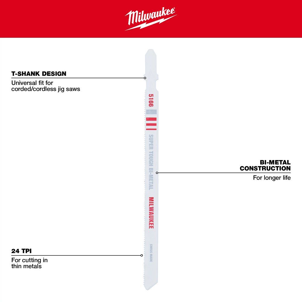 Milwaukee Metal Cutting T-Shank Bi-Metal Jig Saw Blade, 24 TPI, 5 1/4-In, 5-Pk