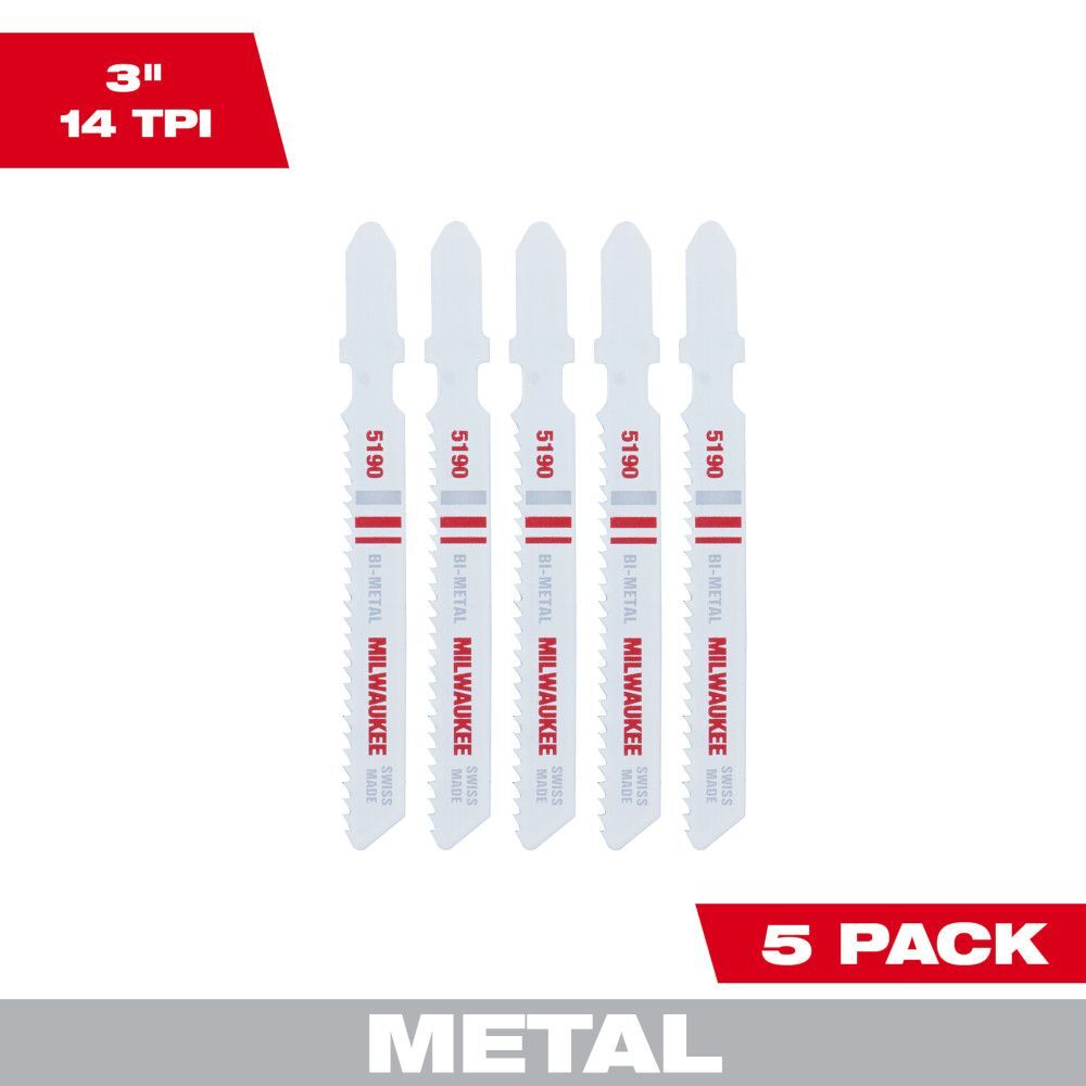Milwaukee 3-In 14-TPI T-Shank Metal Cutting Bi-Metal Jig Saw Blades, 5-Pk