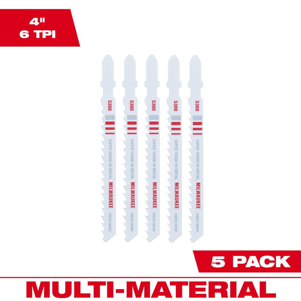 Milwaukee 4-In 6-TPI T-Shank Multi Material Bi-Metal Jig Saw Blade, 5-Pk