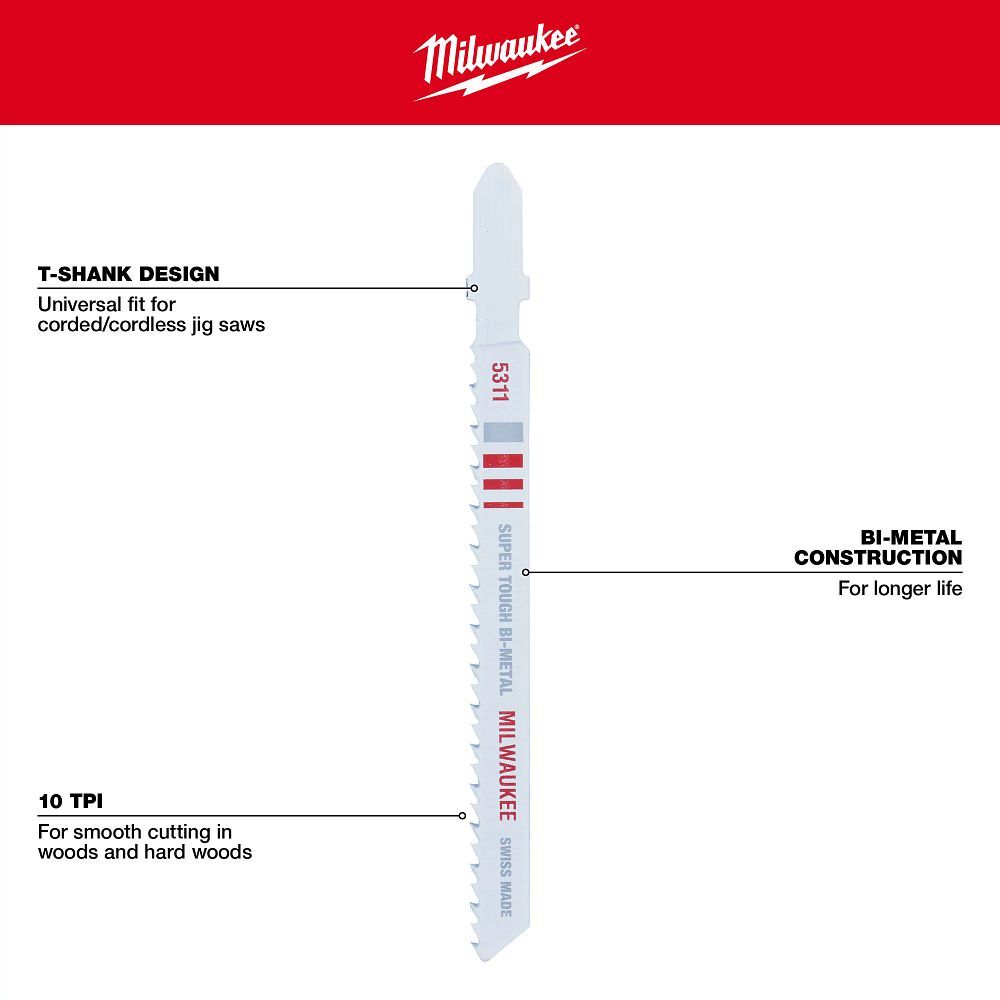 Milwaukee Wood T-Shank Bi-Metal Jig Saw Blade, 10 TPI, 4-In, 5-Pk