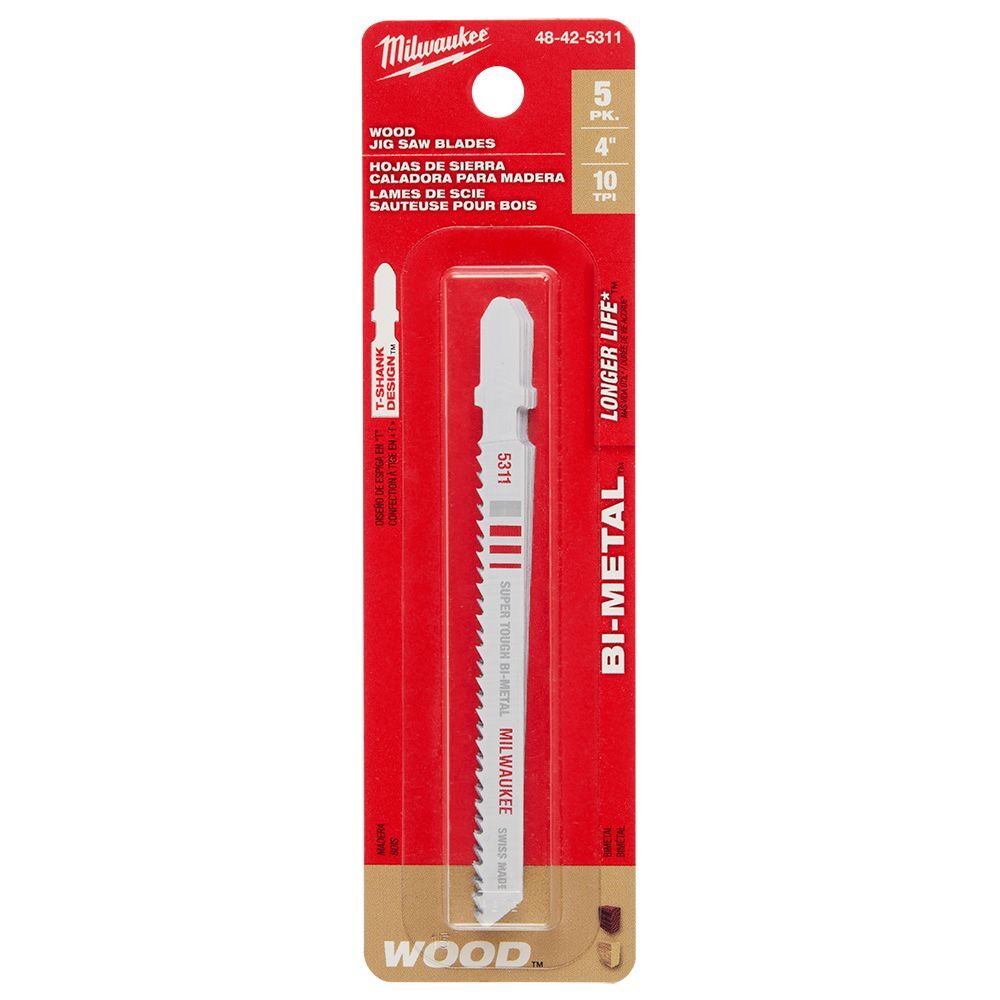 Milwaukee 4-In 10-TPI T-Shank Wood Bi-Metal Jig Saw Blade, 5-Pk