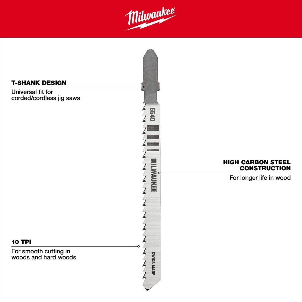Milwaukee Wood T-Shank Jig Saw Blade, 10 TPI, 4-In, 5-Pk