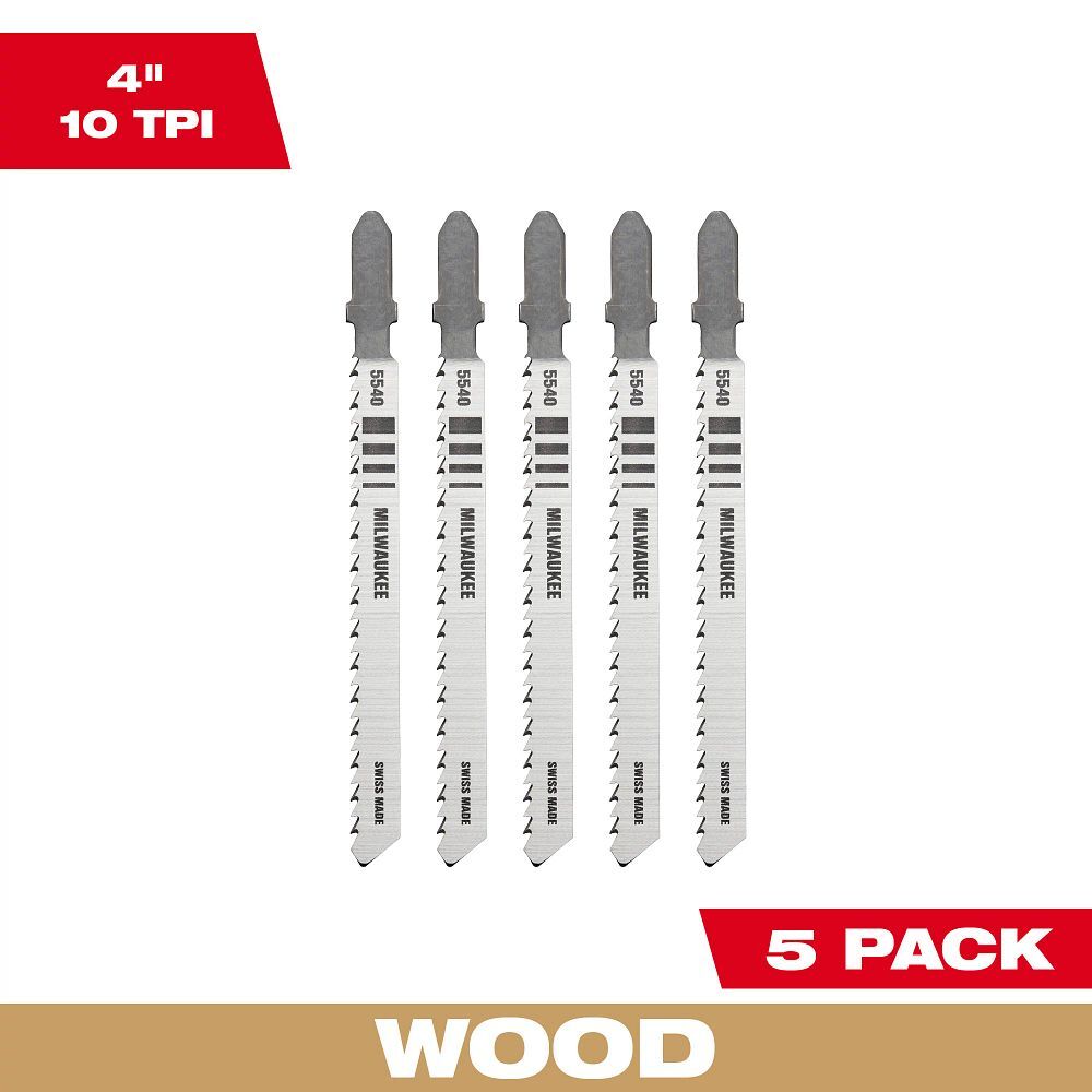 Milwaukee Wood T-Shank Jig Saw Blade, 10 TPI, 4-In, 5-Pk