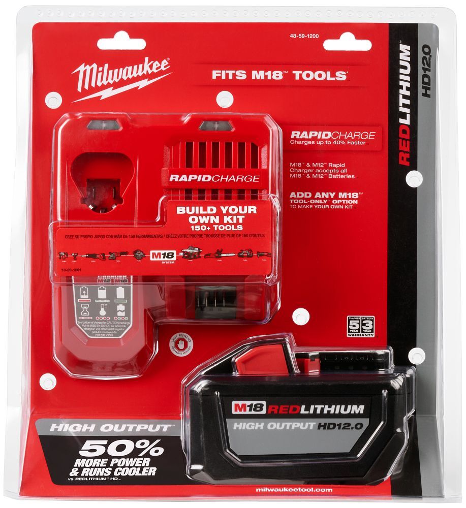 Milwaukee M18 Red Lithium High Output HD12.0 Battery With Rapid Charger, 12-Ah