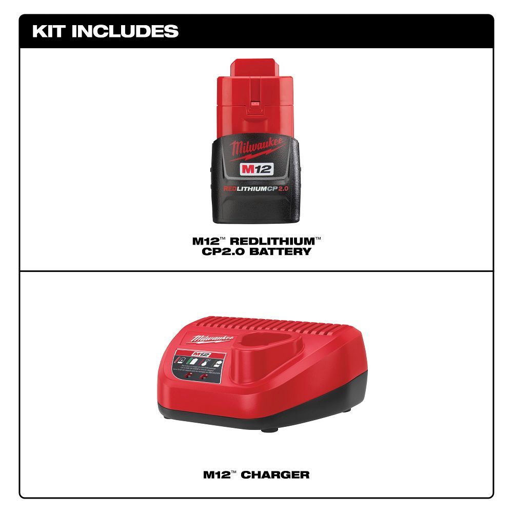 Milwaukee M12 2.0 Battery & Charger Starter Kit, 2-Ah