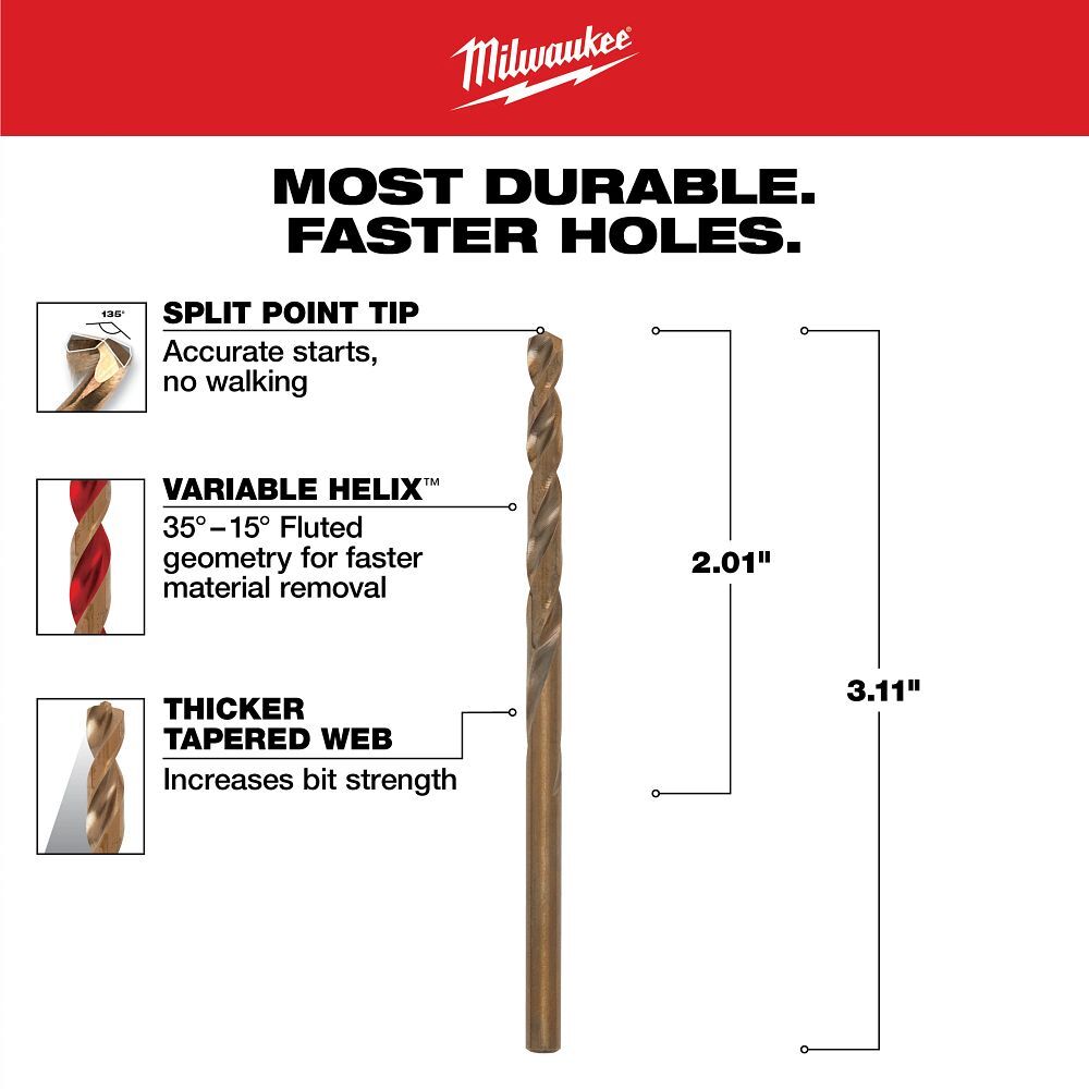 Milwaukee Red Helix Cobalt Drill Bit, 5/32-In