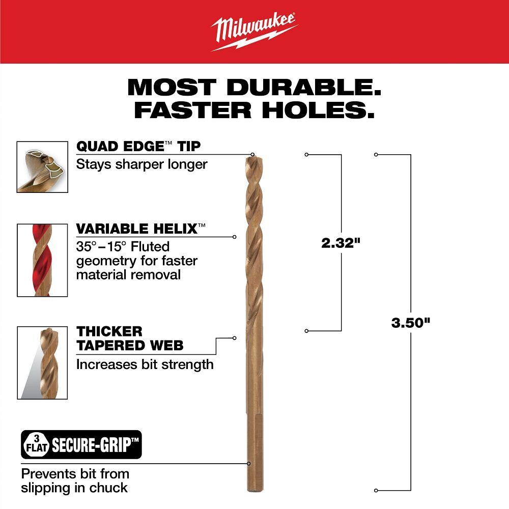 Milwaukee Red Helix Cobalt Drill Bit, 3/16-In