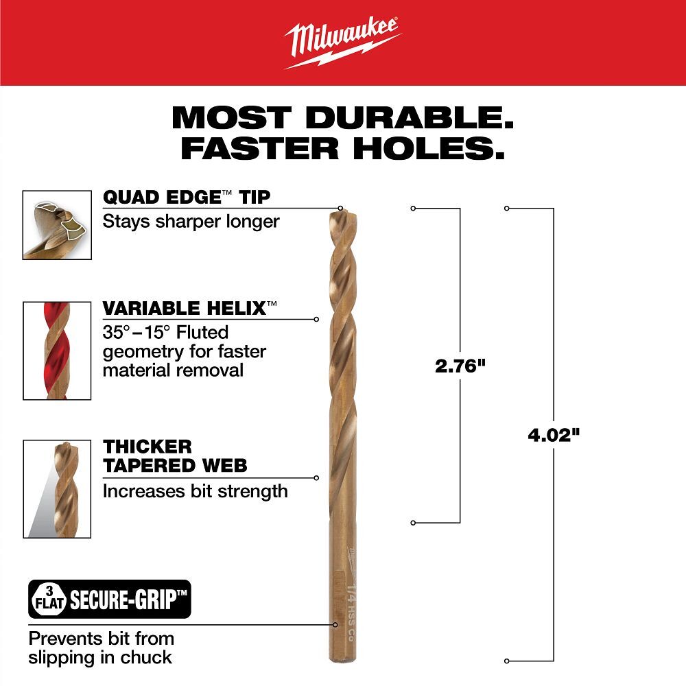 Milwaukee Red Helix Cobalt Drill Bit, 1/4-In