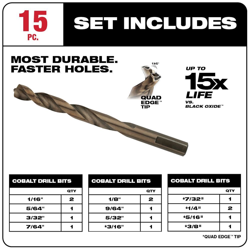 Milwaukee Red Helix Cobalt Drill Bit Kit, 15-Pc