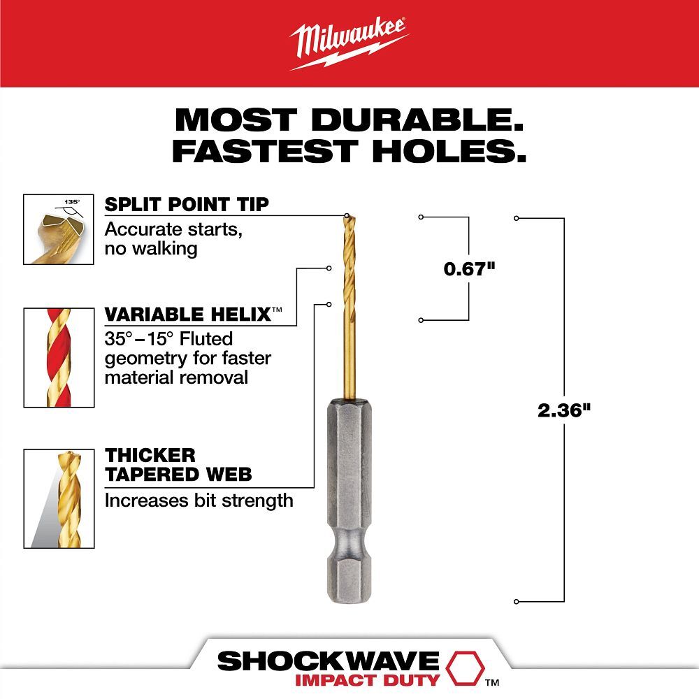 Milwaukee Shockwave Impact Duty Red Helix Titanium Drill Bit, 5/64-In, 2-Pk
