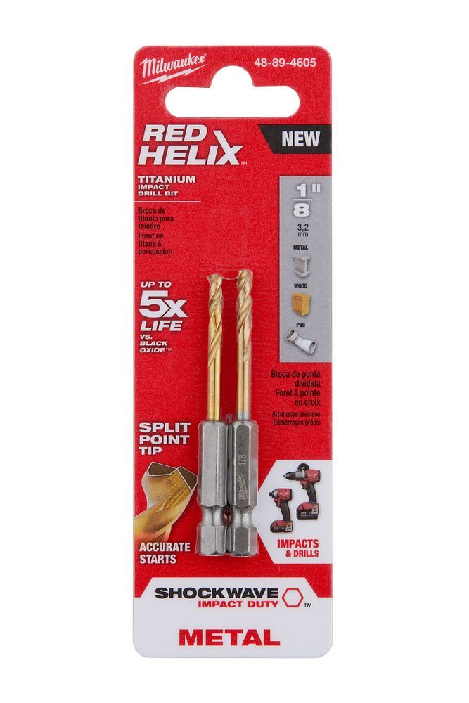 Milwaukee Shockwave Impact Duty Red Helix Titanium Drill Bit, 1/8-In, 2-Pk