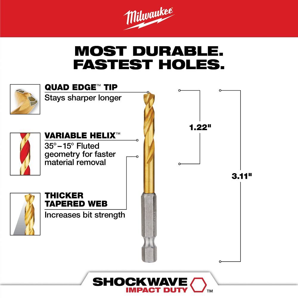 Milwaukee Shockwave Impact Duty Red Helix Titanium Drill Bit, 13/64-In