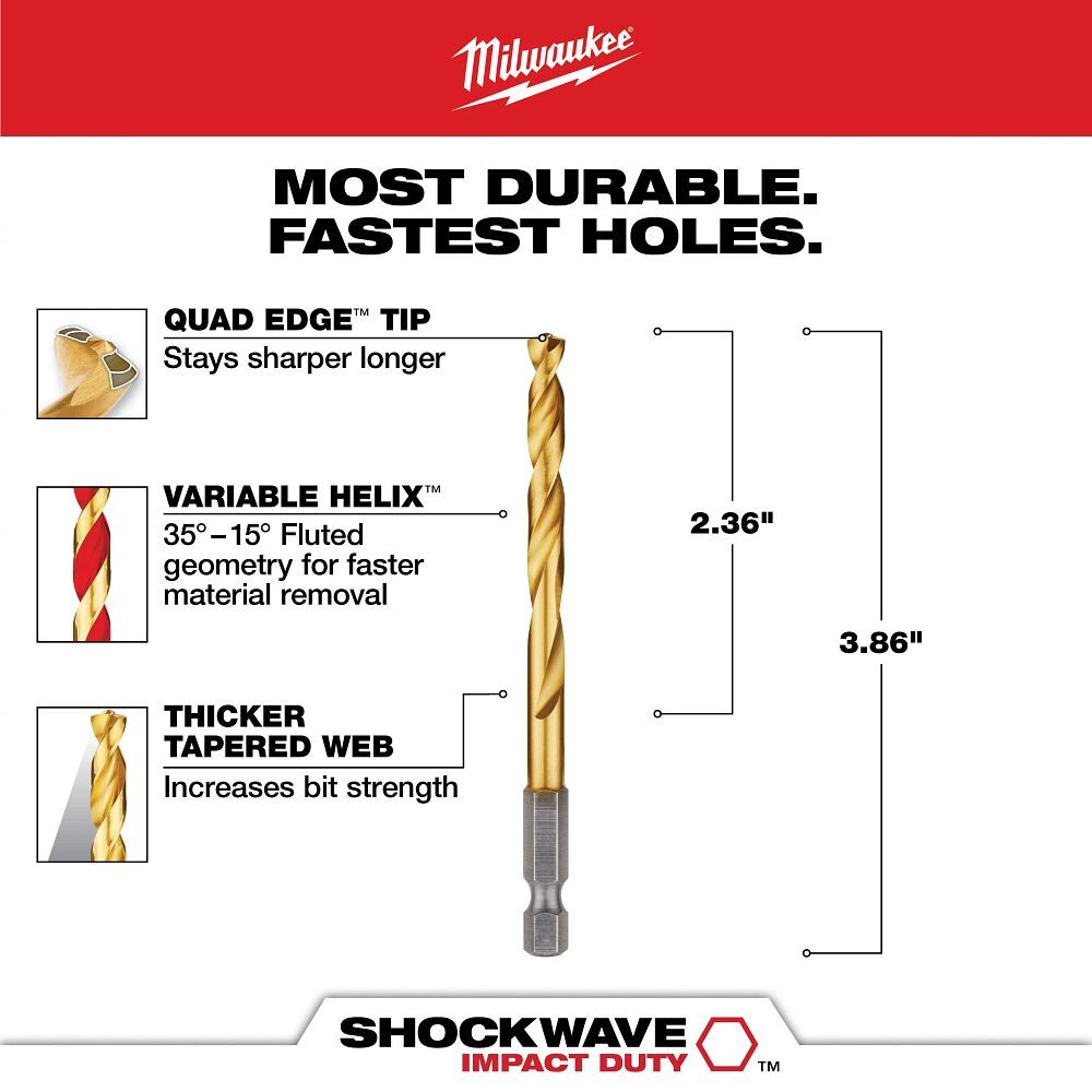 Milwaukee Shockwave Impact Duty Red Helix Titanium Drill Bit, 5/64-In