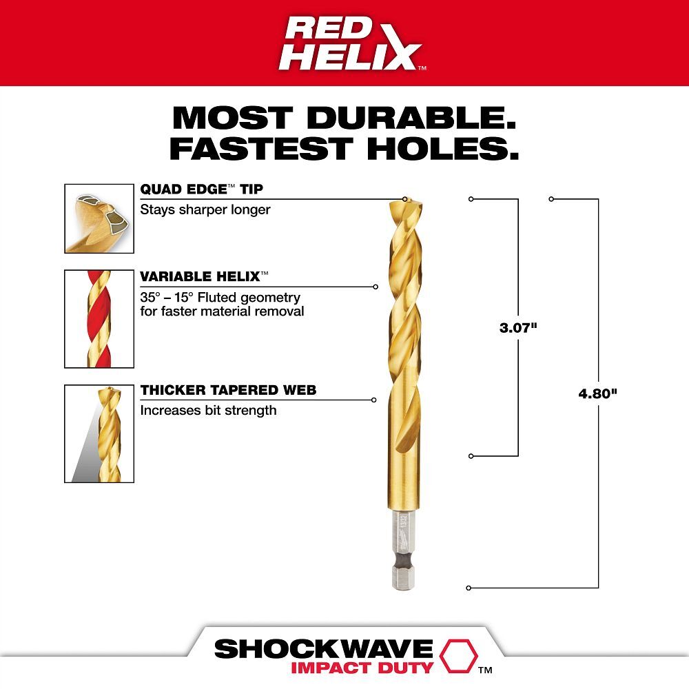 Milwaukee Shockwave Impact Duty Red Helix Titanium Drill Bit, 13/32-In