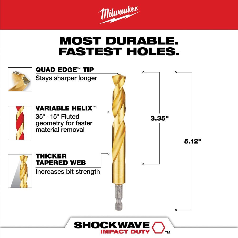 Milwaukee Shockwave Impact Duty Red Helix Titanium Drill Bit, 1/2-In
