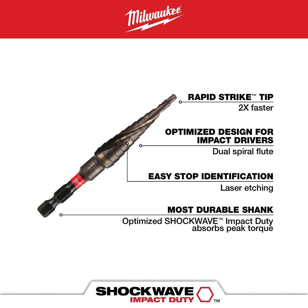 Milwaukee Shockwave Impact Duty Step Drill Bit, #1, 1/8-In - 1/2-In