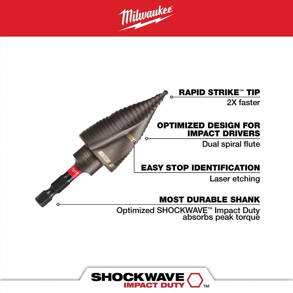Milwaukee Shockwave Impact Duty Step Drill Bit, #9, 7/8-In - 1 1/8-In