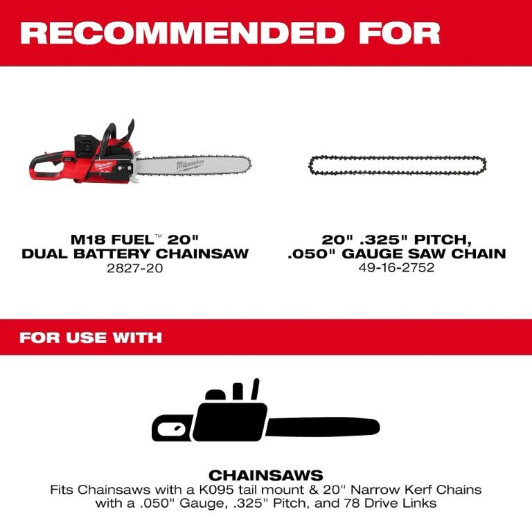Milwaukee Chainsaw Bar, .325 in. Pitch, .050 in. Gauge, 78-DL, 20 in.