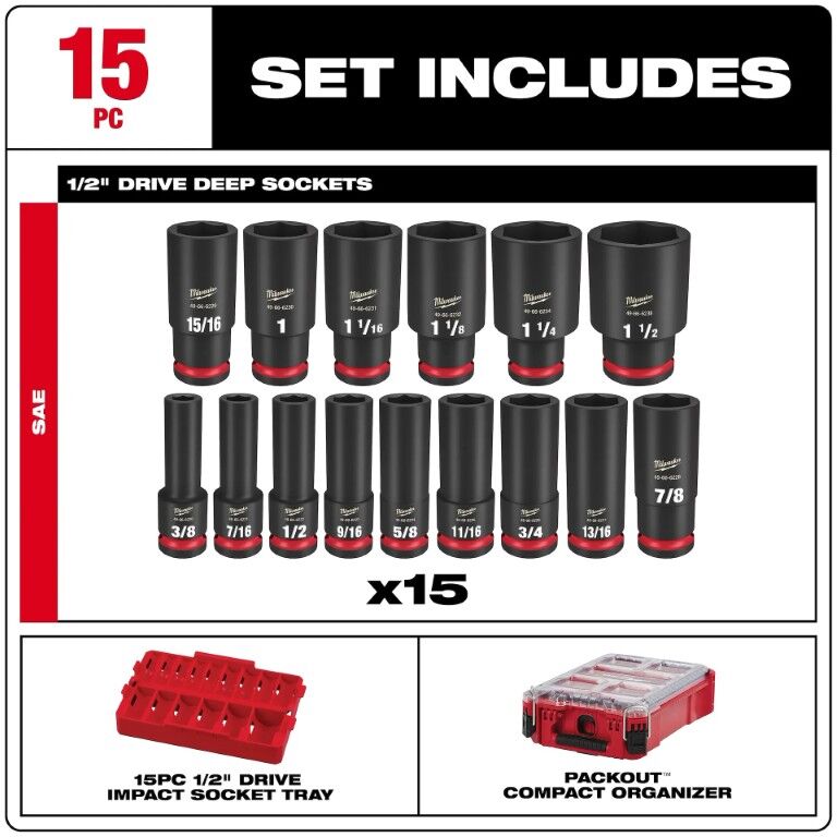 Milwaukee Shockwave Impact Duty Packout SAE Socket Set, 1/2-In Drive, 15-Pc
