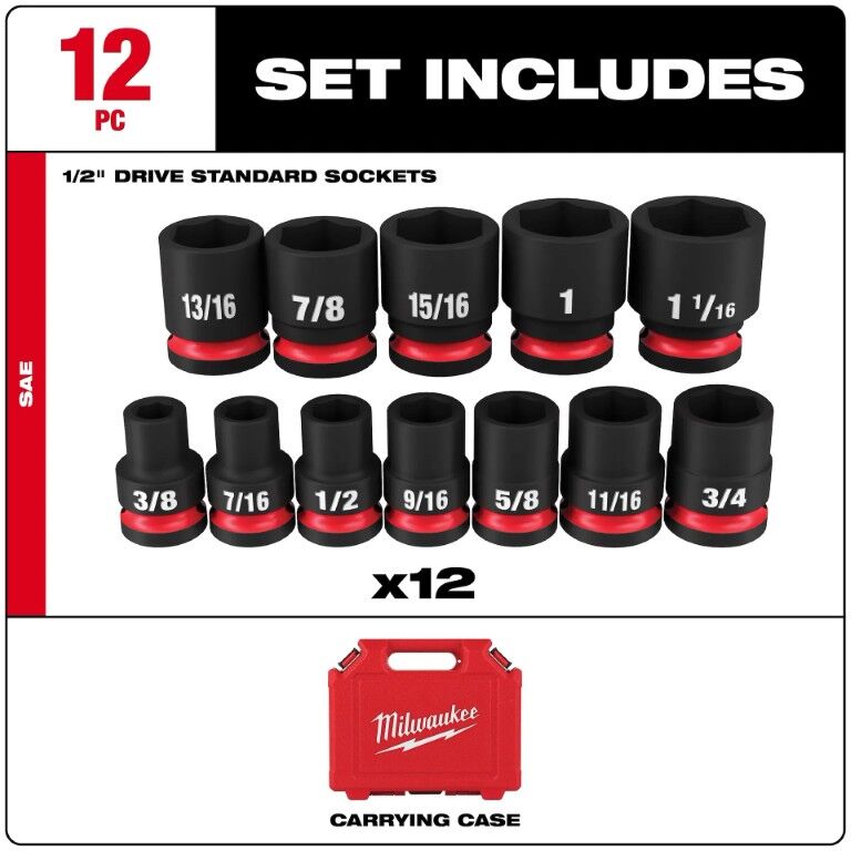 Milwaukee Shockwave Impact Duty SAE 6-Point Standard Socket Set, 1/2-In Drive, 12-Pc