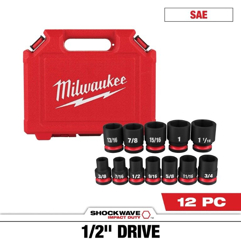 Milwaukee Shockwave Impact Duty SAE 6-Point Standard Socket Set, 1/2-In Drive, 12-Pc