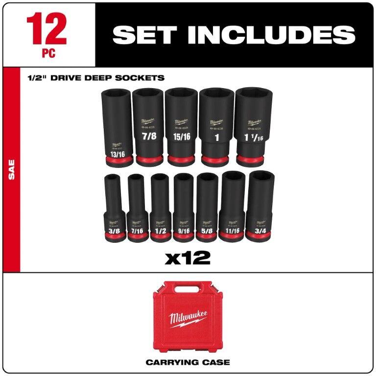 Milwaukee Shockwave Impact Duty SAE 6-Point Deep Socket Set, 1/2-In Drive, 12-Pc
