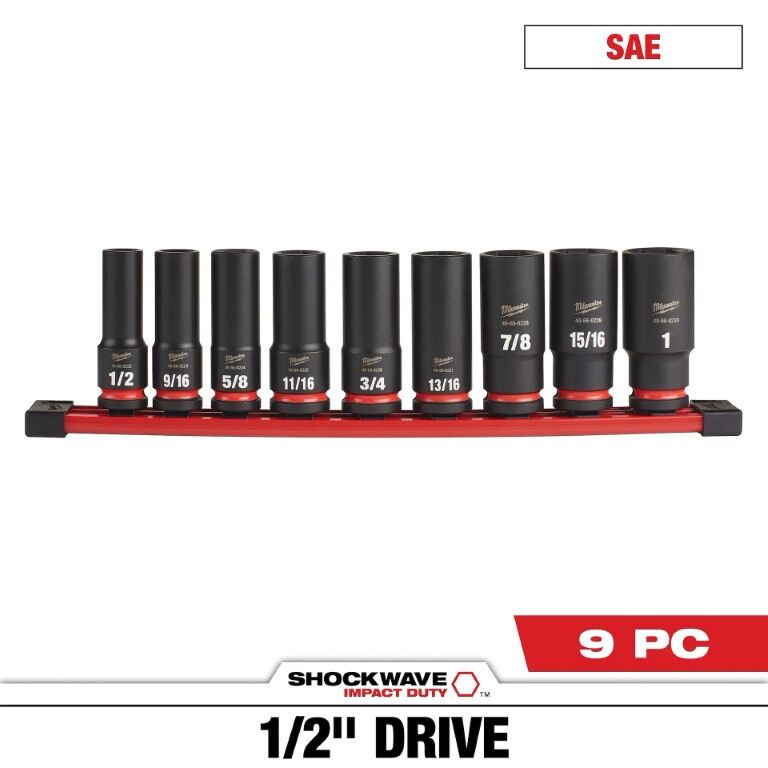 Milwaukee Shockwave Impact Duty SAE 6-Point Deep Socket Set, 1/2-In Drive, 9-Pc