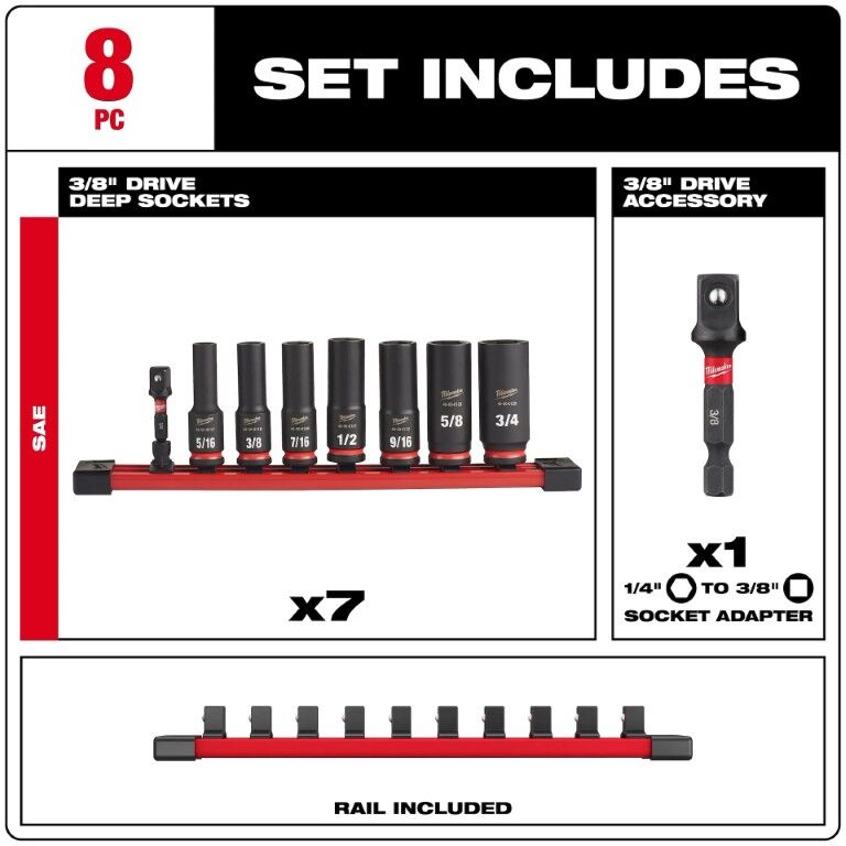 Milwaukee Shockwave Impact Duty SAE 6-Point Deep Socket Set, 3/8-In Drive, 8-Pc
