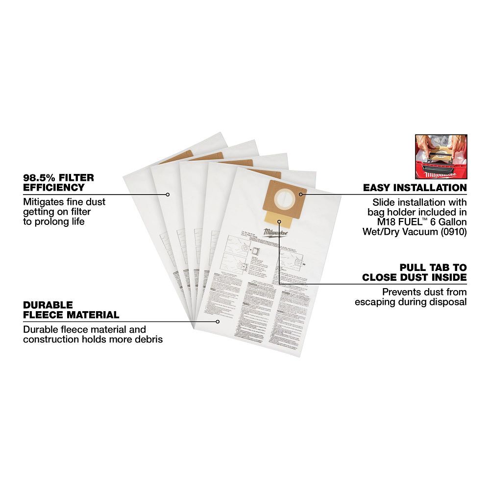 Milwaukee Fleece Vacuum Dust Bags, 6-Gal, 5-Pk