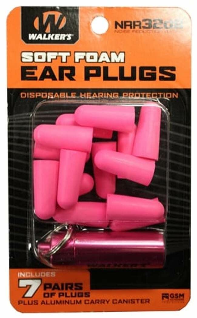 Walker's 7 Pair Soft Foam Ear Plugs With Aluminum Carry Canister - Pink